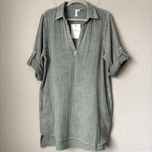 NWT Elan NEW Boho Gauzy Cotton Split Neck Roll Sleeve Shirt Dress